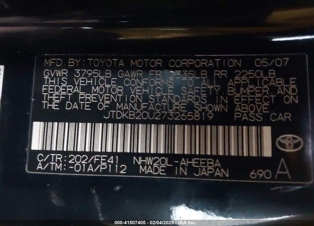 2007 TOYOTA PRIUS VIN: JTDKB20U273265819