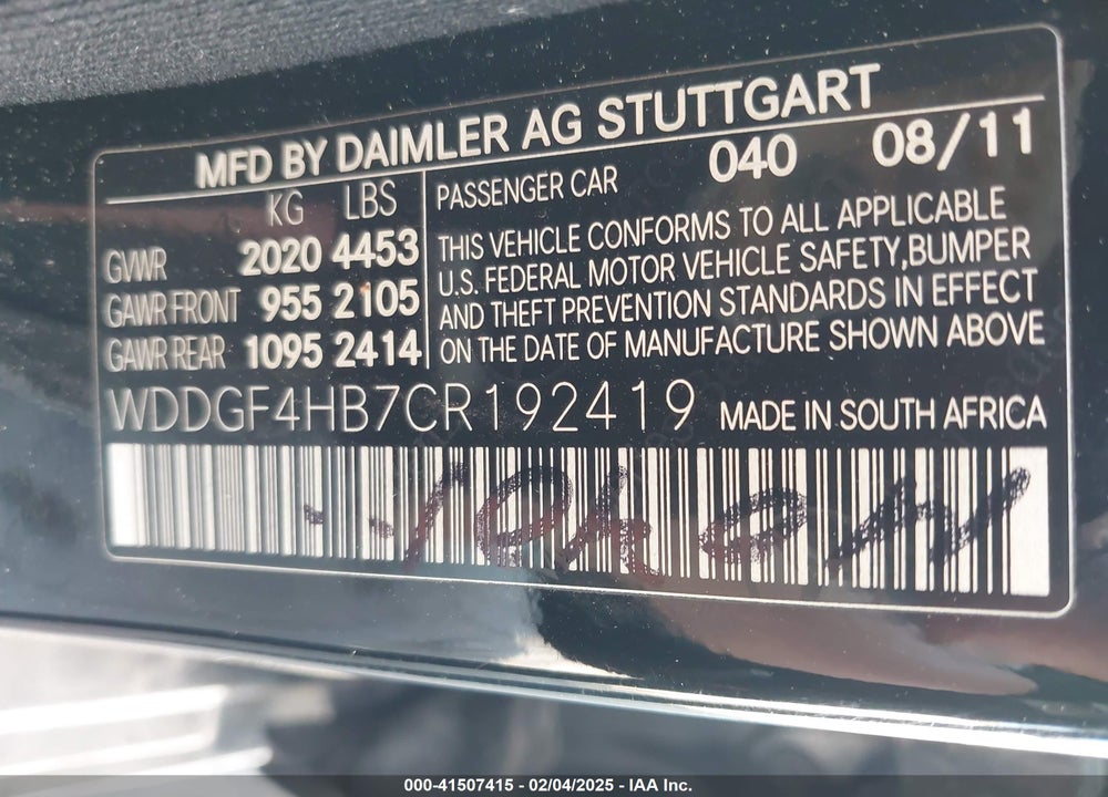 2012 MERCEDES-BENZ C 250 VIN: WDDGF4HB7CR192419