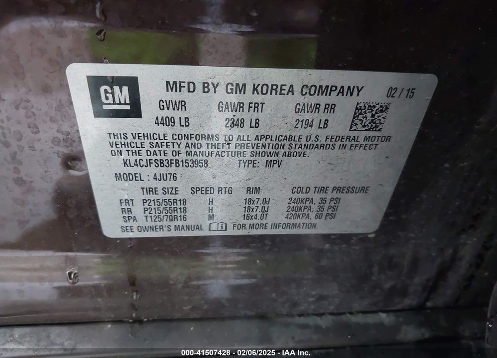 2015 BUICK ENCORE CONVENIENCE VIN: KL4CJFSB3FB153958