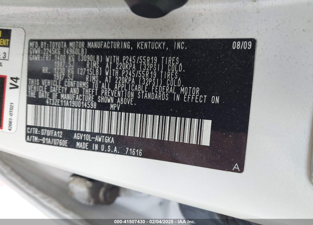 2009 TOYOTA VENZA VIN: 4T3ZE11A19U014598