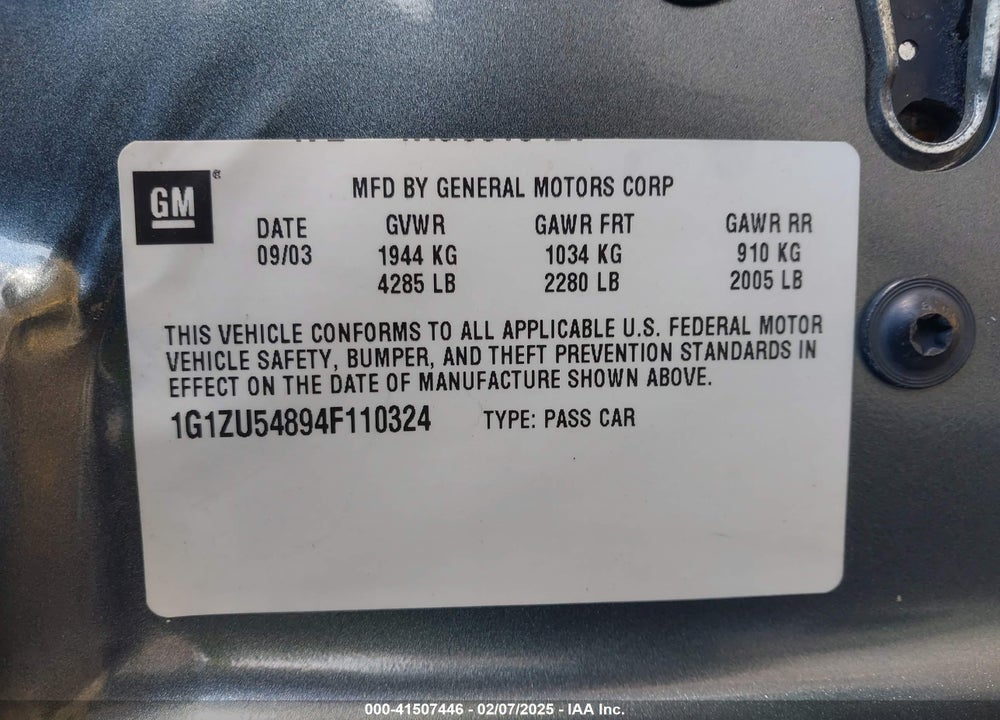 2004 CHEVROLET MALIBU VIN: 1G1ZU54894F110324