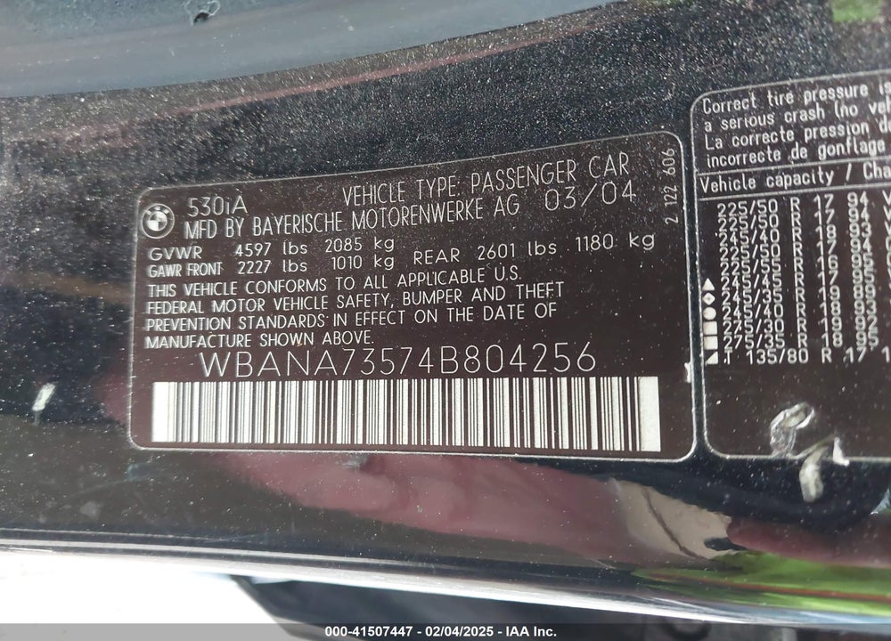 2004 BMW 530I VIN: WBANA73574B804256