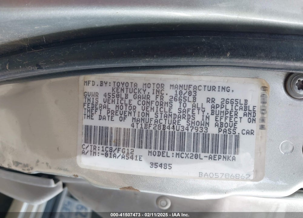 2004 TOYOTA AVALON XL VIN: 4T1BF28B44U347933