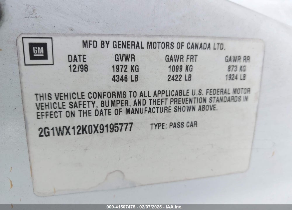 1999 CHEVROLET MONTE CARLO Z34 VIN: 2G1WX12K0X9195777