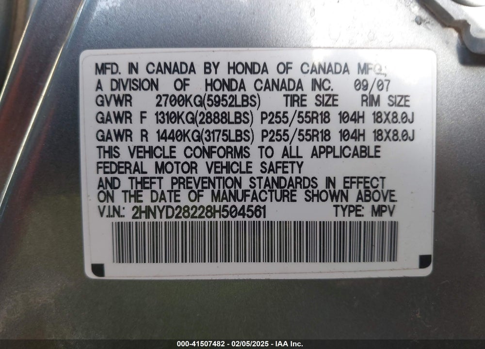 2008 ACURA MDX VIN: 2HNYD28228H504561