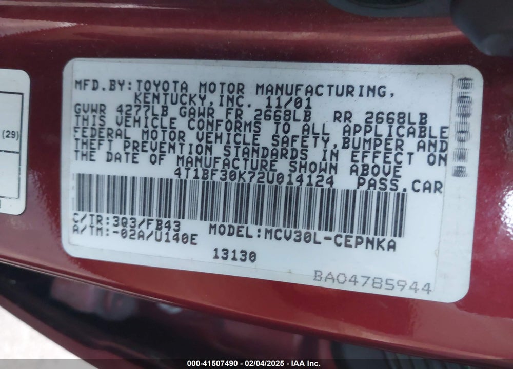 2002 TOYOTA CAMRY LE V6 VIN: 4T1BF30K72U014124