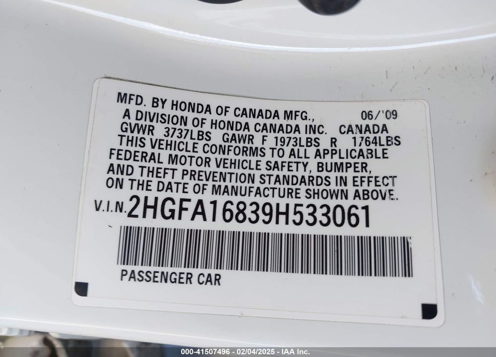 2009 HONDA CIVIC EX VIN: 2HGFA16839H533061
