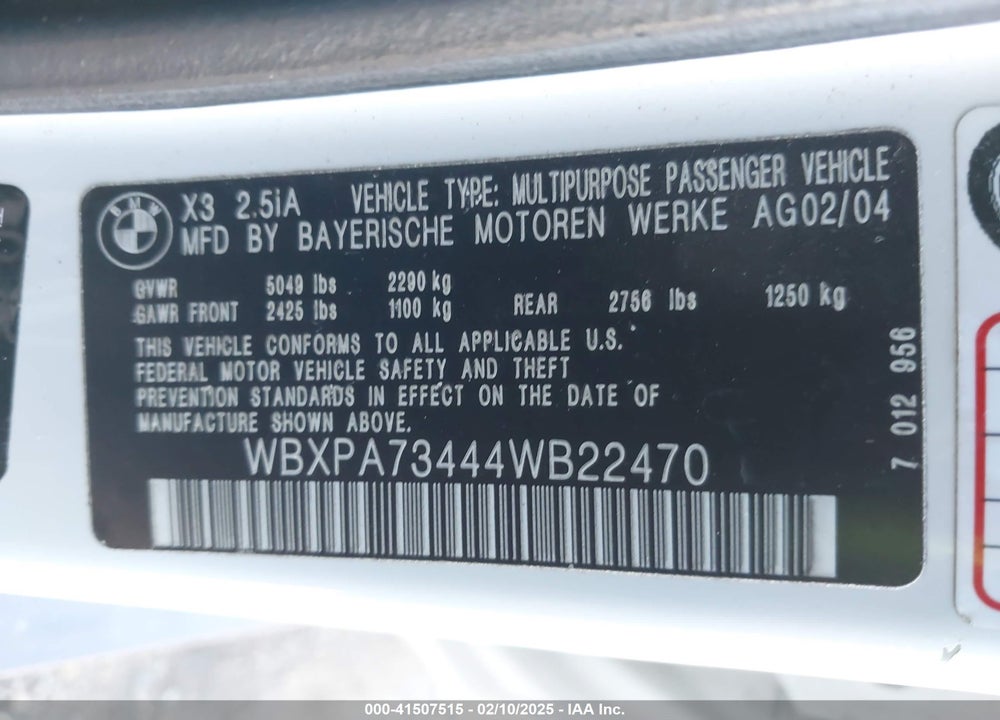 2004 BMW X3 2.5I VIN: WBXPA73444WB22470