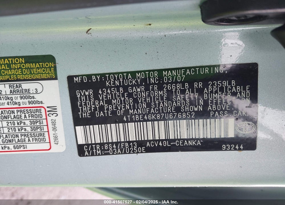 2007 TOYOTA CAMRY VIN: 4T1BE46K87U676852