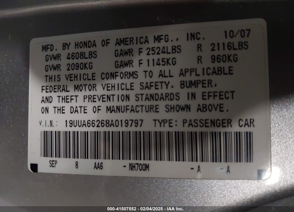 2008 ACURA TL 3.2 VIN: 19UUA66268A019797