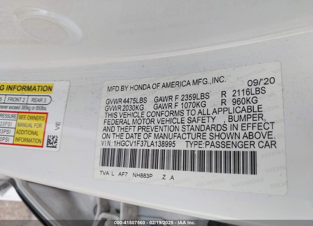 2020 HONDA ACCORD VIN: 1HGCV1F37LA138995
