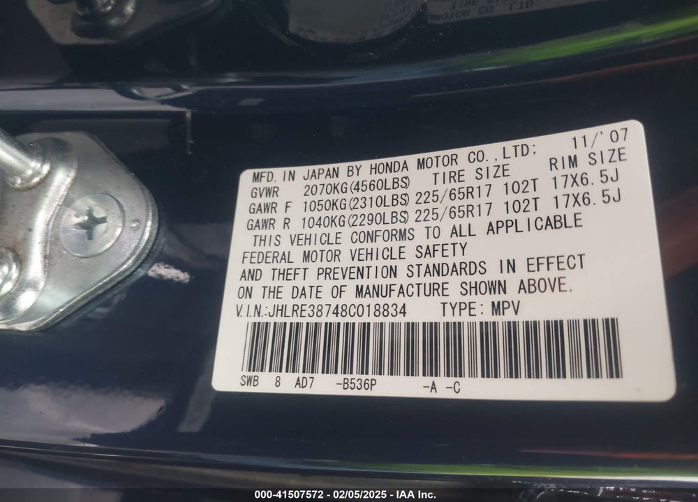 2008 HONDA CR-V VIN: JHLRE38748C018834
