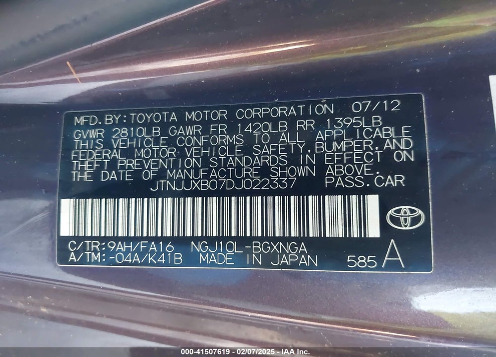 2013 TOYOTA SCION IQ VIN: JTNJJXB07DJ022337