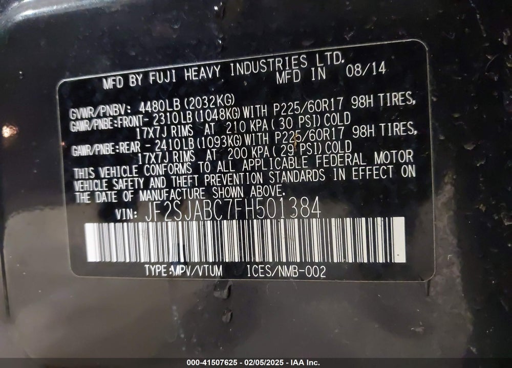 2015 SUBARU FORESTER VIN: JF2SJABC7FH501384