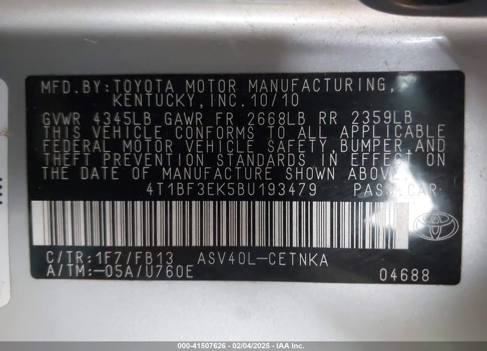 2011 TOYOTA CAMRY VIN: 4T1BF3EK5BU193479