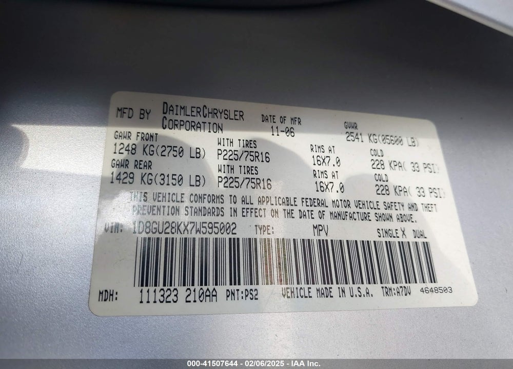 2007 DODGE NITRO SXT VIN: 1D8GU28KX7W595002