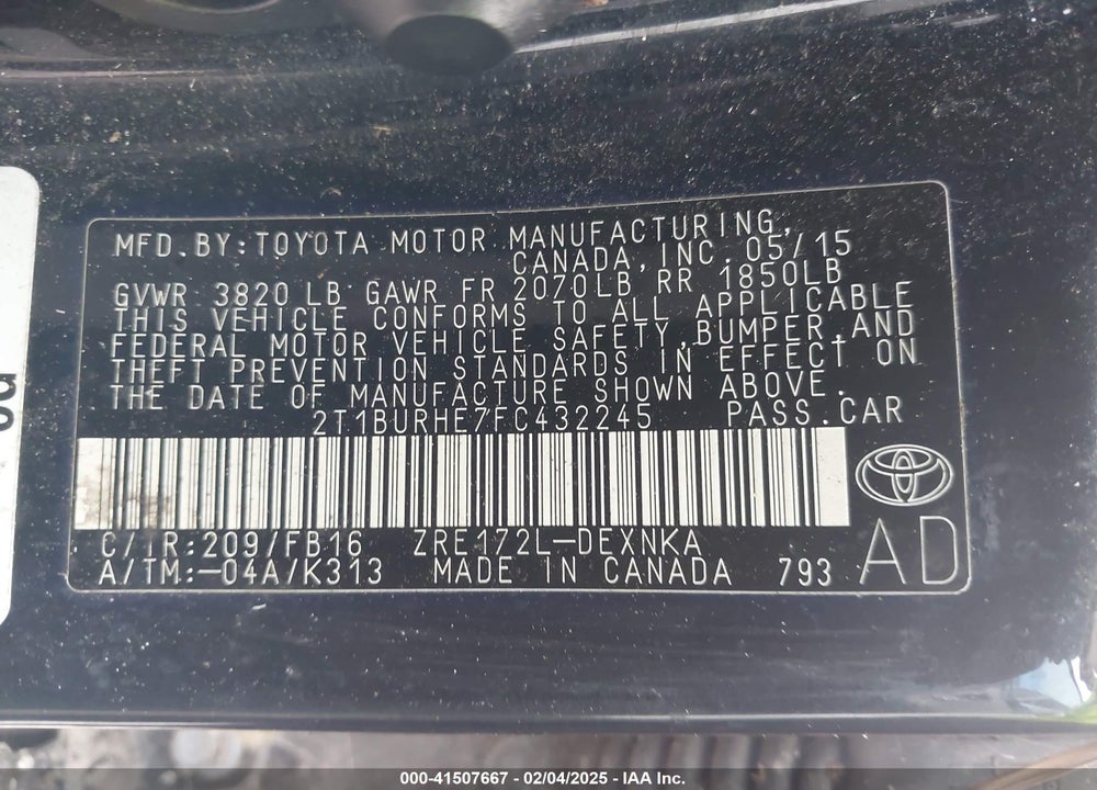 2015 TOYOTA COROLLA VIN: 2T1BURHE7FC432245