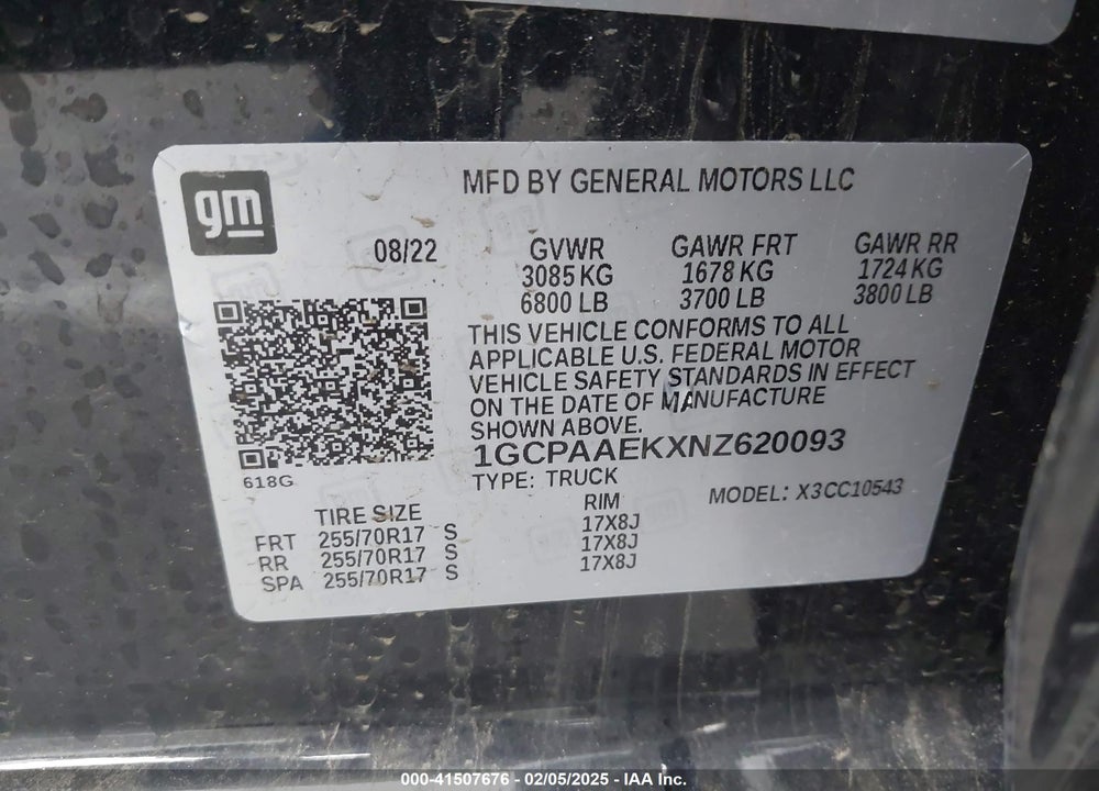 2022 CHEVROLET SILVERADO 1500 VIN: 1GCPAAEKXNZ620093