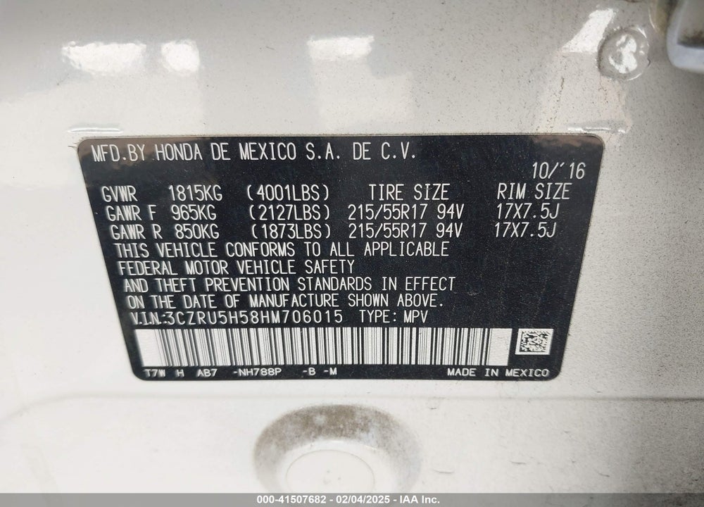 2017 HONDA HR-V EX VIN: 3CZRU5H58HM706015