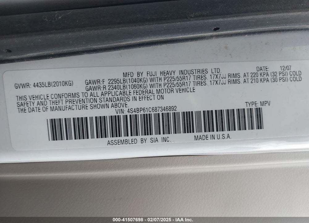2008 SUBARU OUTBACK 2.5I/2.5I L.L. BEAN EDITION VIN: 4S4BP61C687346892