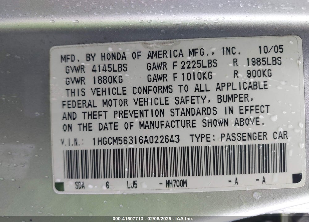 2006 HONDA ACCORD 2.4 SE VIN: 1HGCM56316A022643