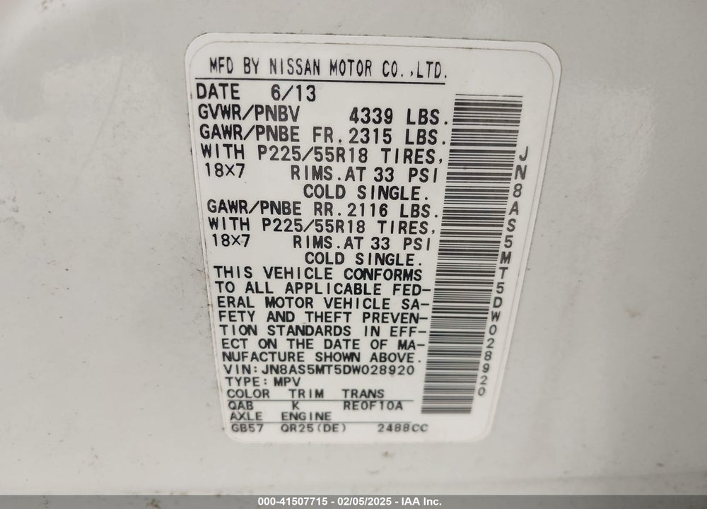 2013 NISSAN ROGUE VIN: JN8AS5MT5DW028920