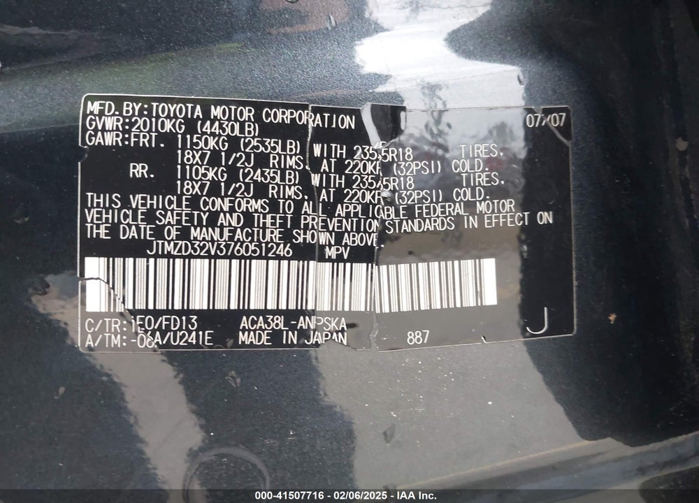 2007 TOYOTA RAV4 SPORT VIN: JTMZD32V376051246