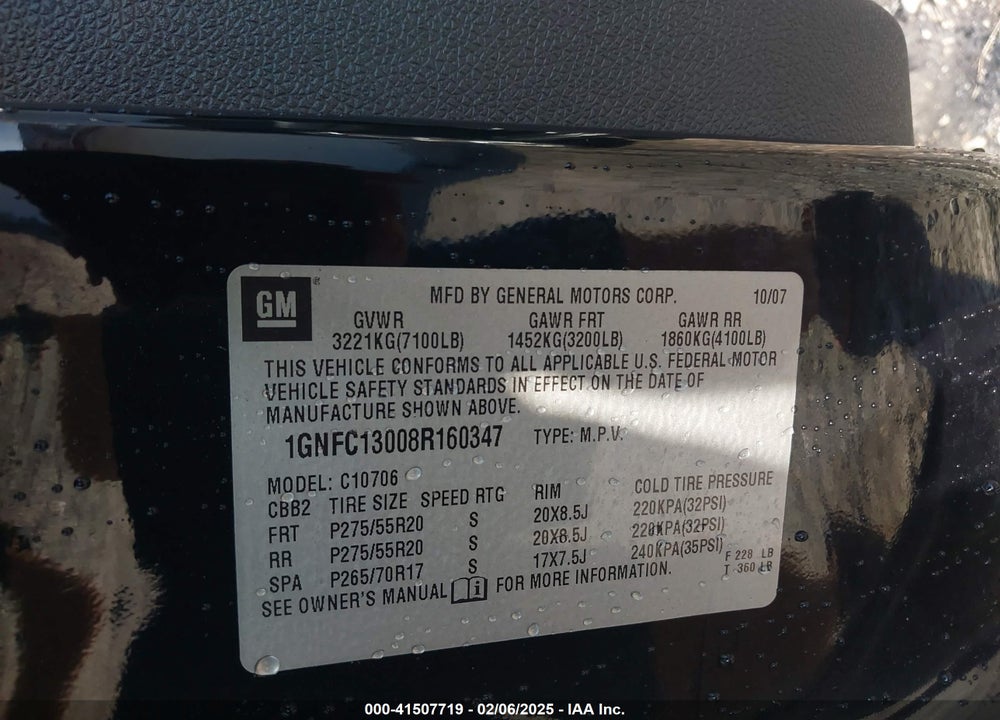 2008 CHEVROLET TAHOE VIN: 1GNFC13008R160347