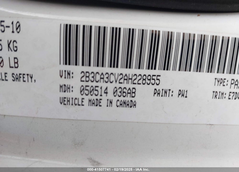 2010 DODGE CHARGER SXT VIN: 2B3CA3CV2AH228955