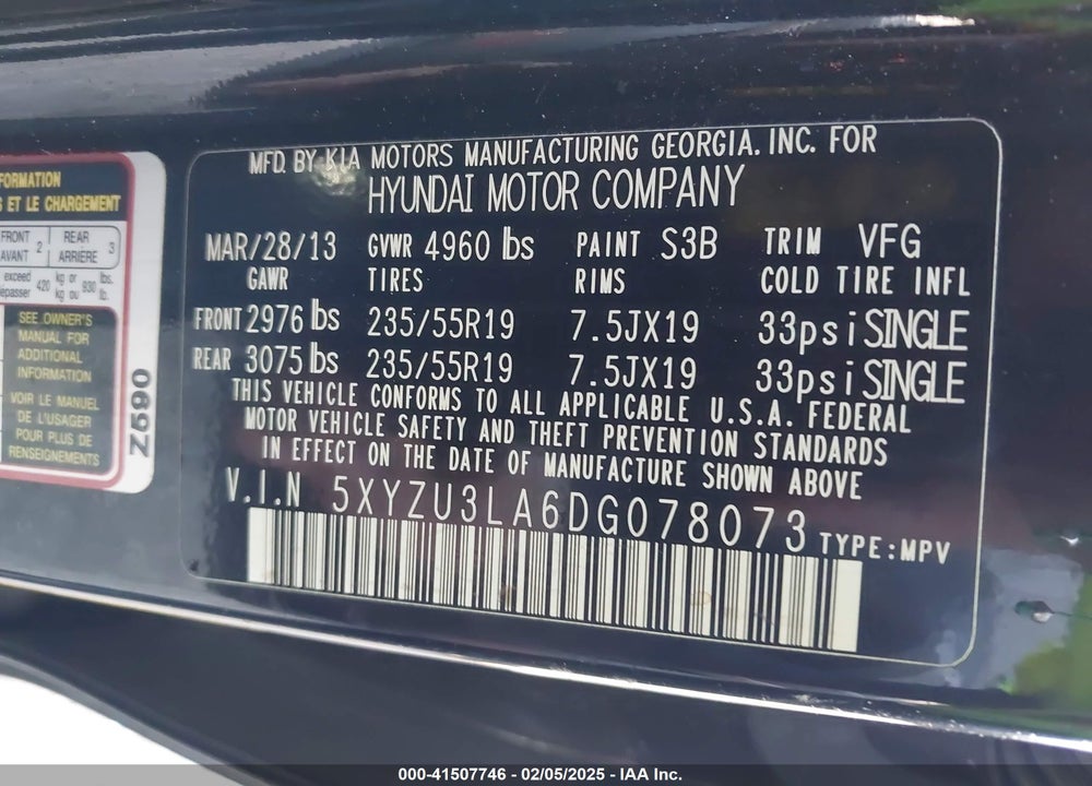 2013 HYUNDAI SANTA FE SPORT VIN: 5XYZU3LA6DG078073