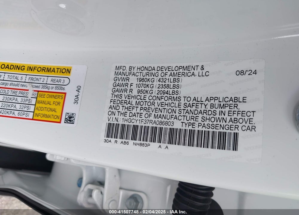 2024 HONDA ACCORD EX VIN: 1HGCY1F37RA086803