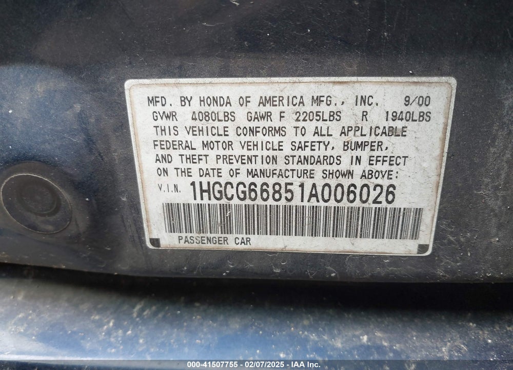 2001 HONDA ACCORD 2.3 EX VIN: 1HGCG66851A006026