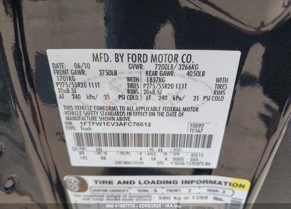 2010 FORD F-150 FX4/HARLEY-DAVIDSON/KING RANCH/LARIAT/PLATINUM/XL/XLT VIN: 1FTFW1EV3AFC76612
