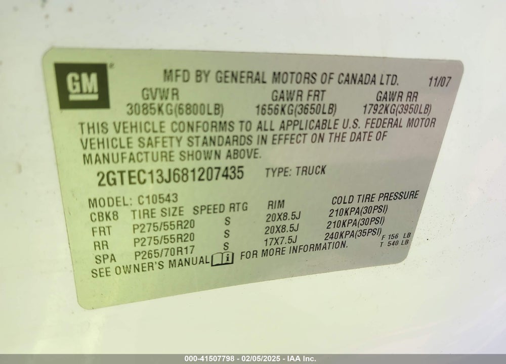 2008 GMC SIERRA 1500 VIN: 2GTEC13J681207435