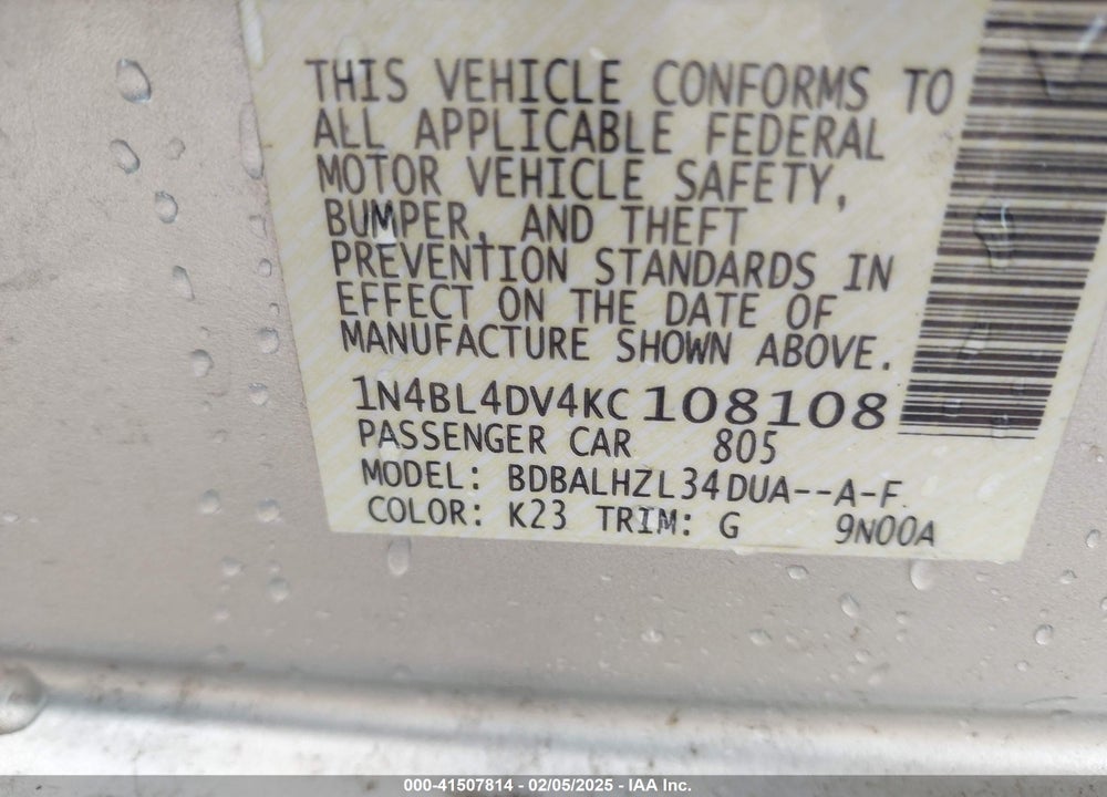 2019 NISSAN ALTIMA VIN: 1N4BL4DV4KC108108