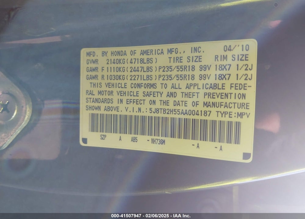 2010 ACURA RDX VIN: 5J8TB2H55AA004187