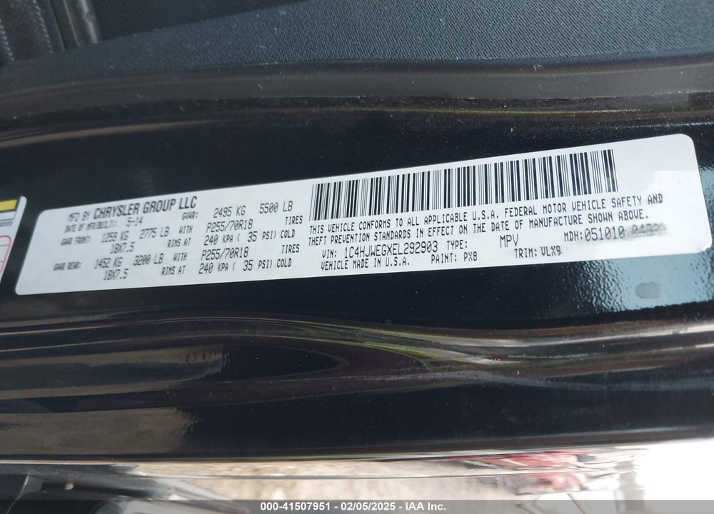 2014 JEEP WRANGLER UNLIMITED VIN: 1C4HJWEGXEL292903