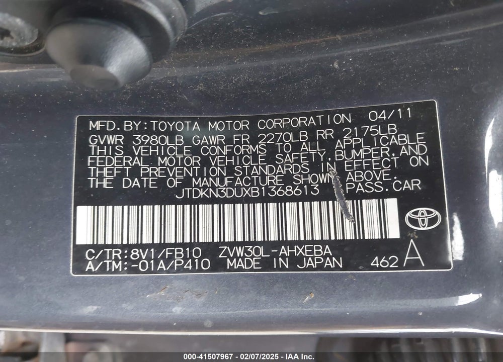 2011 TOYOTA PRIUS TWO VIN: JTDKN3DUXB1368613