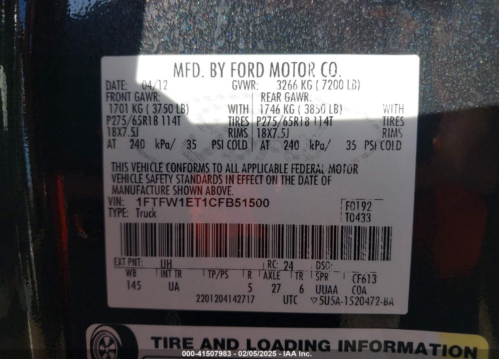 2012 FORD F-150 XLT VIN: 1FTFW1ET1CFB51500
