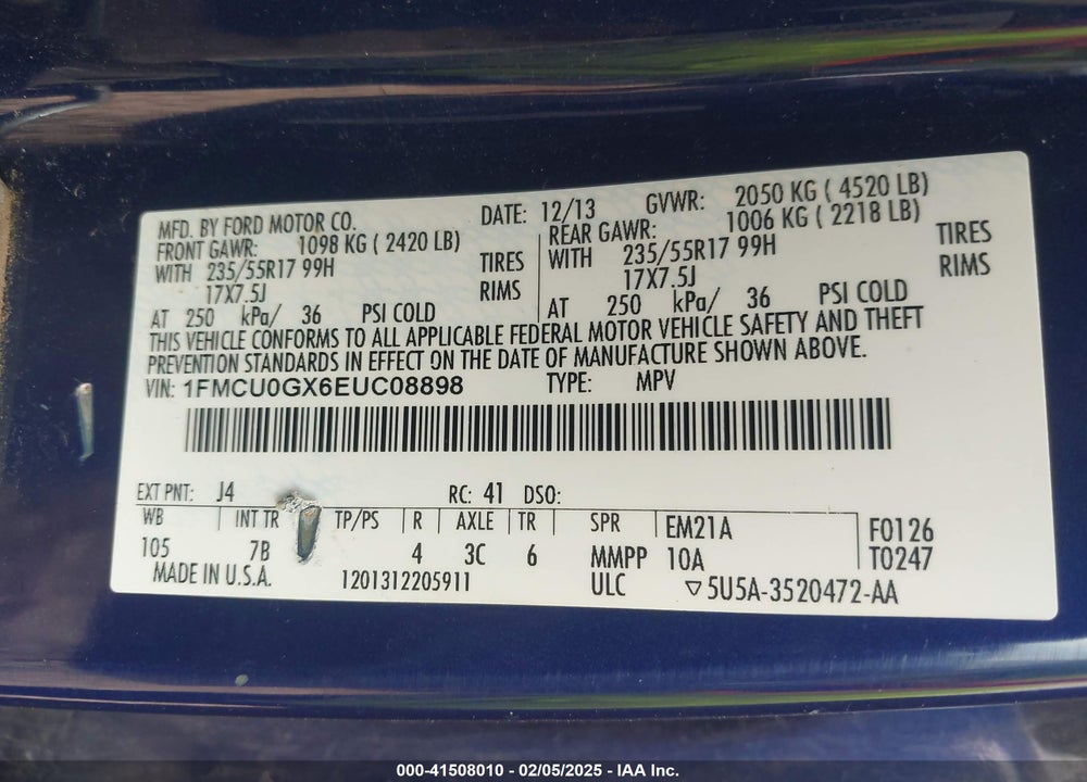 2014 FORD ESCAPE SE VIN: 1FMCU0GX6EUC08898