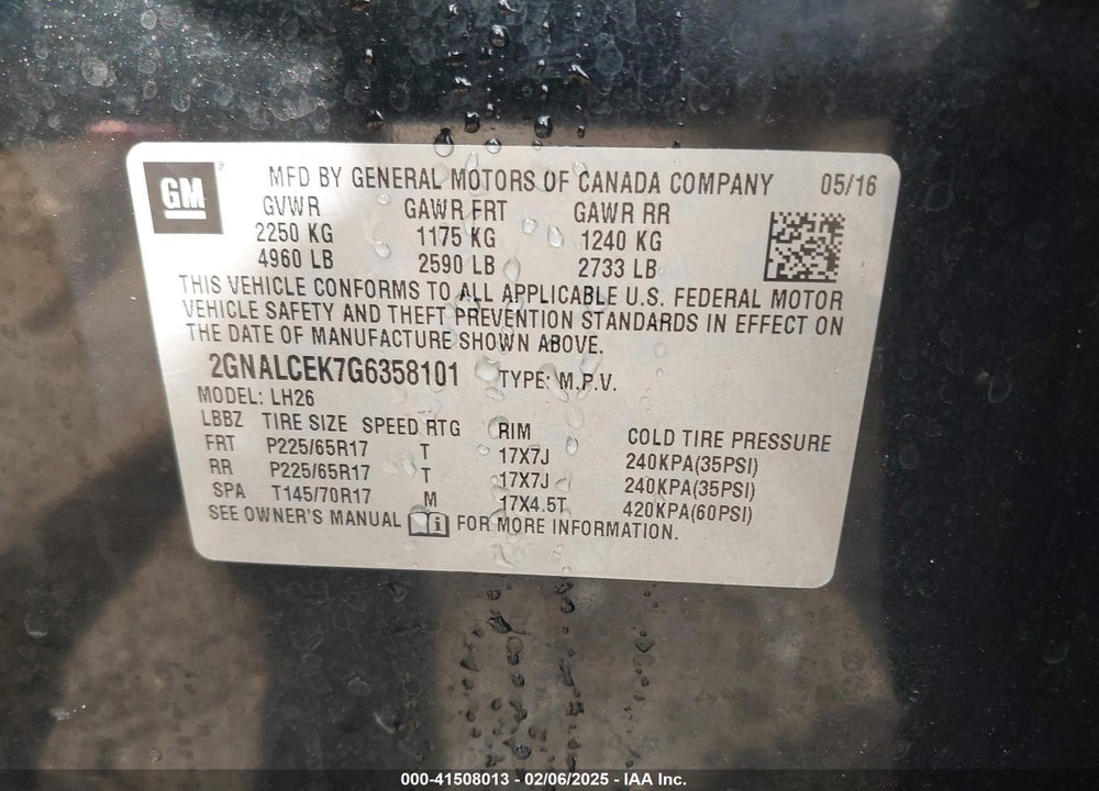 2016 CHEVROLET EQUINOX LT VIN: 2GNALCEK7G6358101