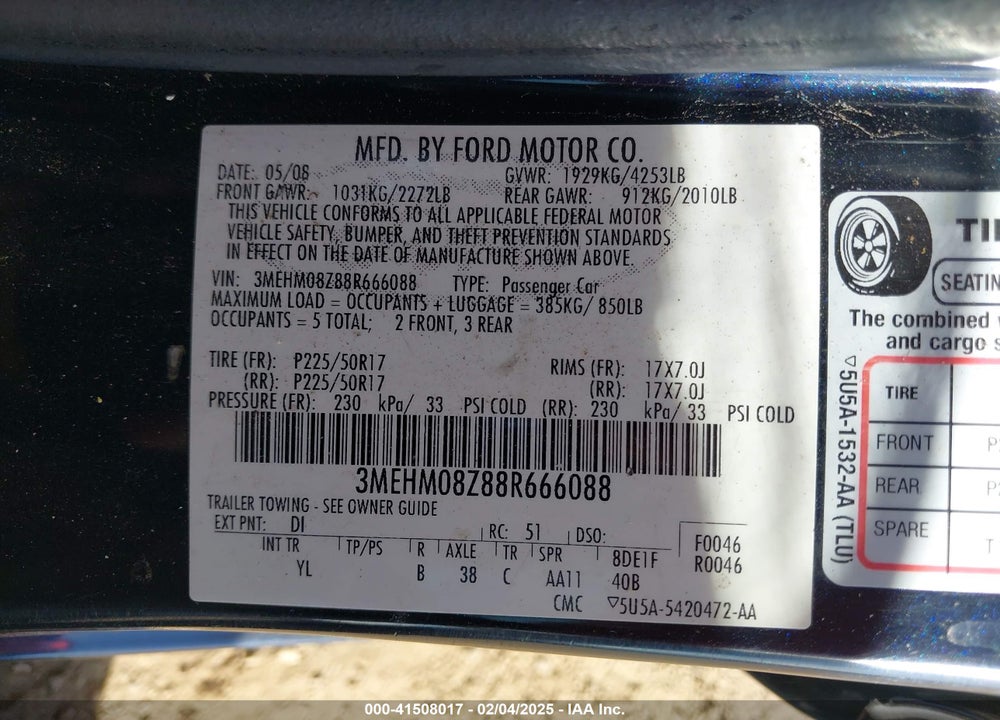2008 MERCURY MILAN VIN: 3MEHM08Z88R666088