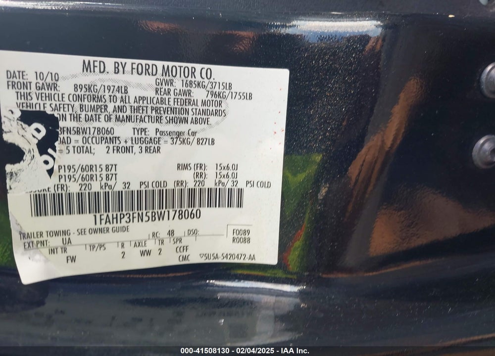 2011 FORD FOCUS VIN: 1FAHP3FN5BW178060
