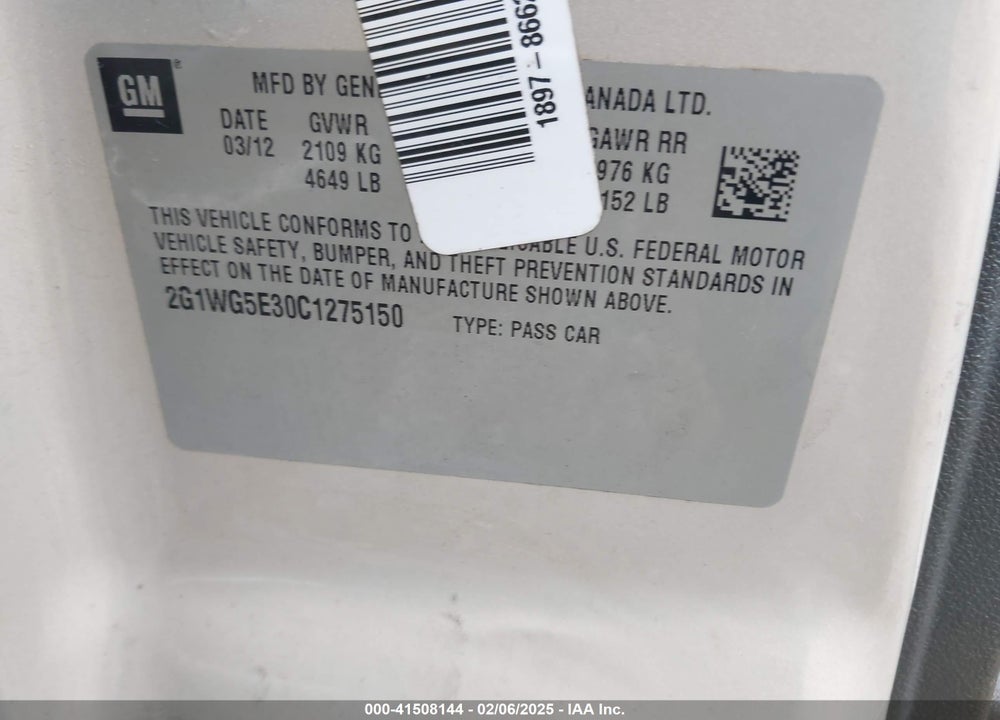 2012 CHEVROLET IMPALA VIN: 2G1WG5E30C1275150