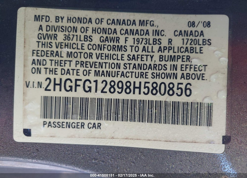 2008 HONDA CIVIC EX VIN: 2HGFG12898H580856