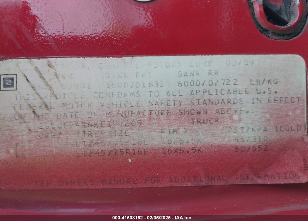 1989 CHEVROLET GMT-400 C2500 VIN: 1GCGC24K6KE197209