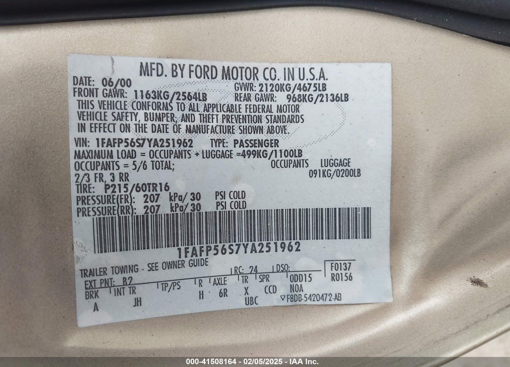 2000 FORD TAURUS SEL VIN: 1FAFP56S7YA251962