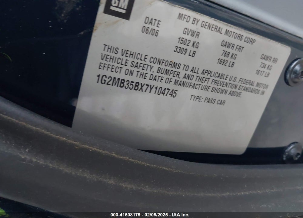 2007 PONTIAC SOLSTICE VIN: 1G2MB35BX7Y104745