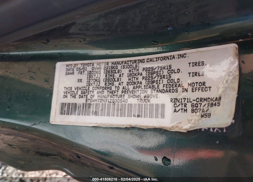 2001 TOYOTA TACOMA VIN: 5TEWM72N31Z830540
