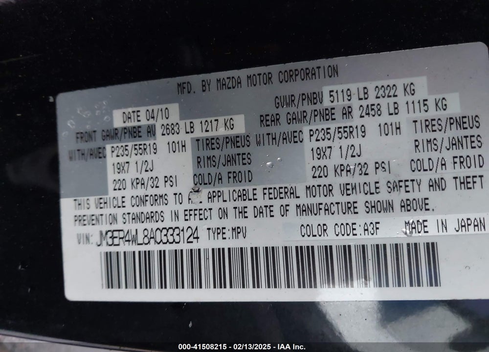 2010 MAZDA CX-7 S GRAND TOURING VIN: JM3ER4WL8A0333124